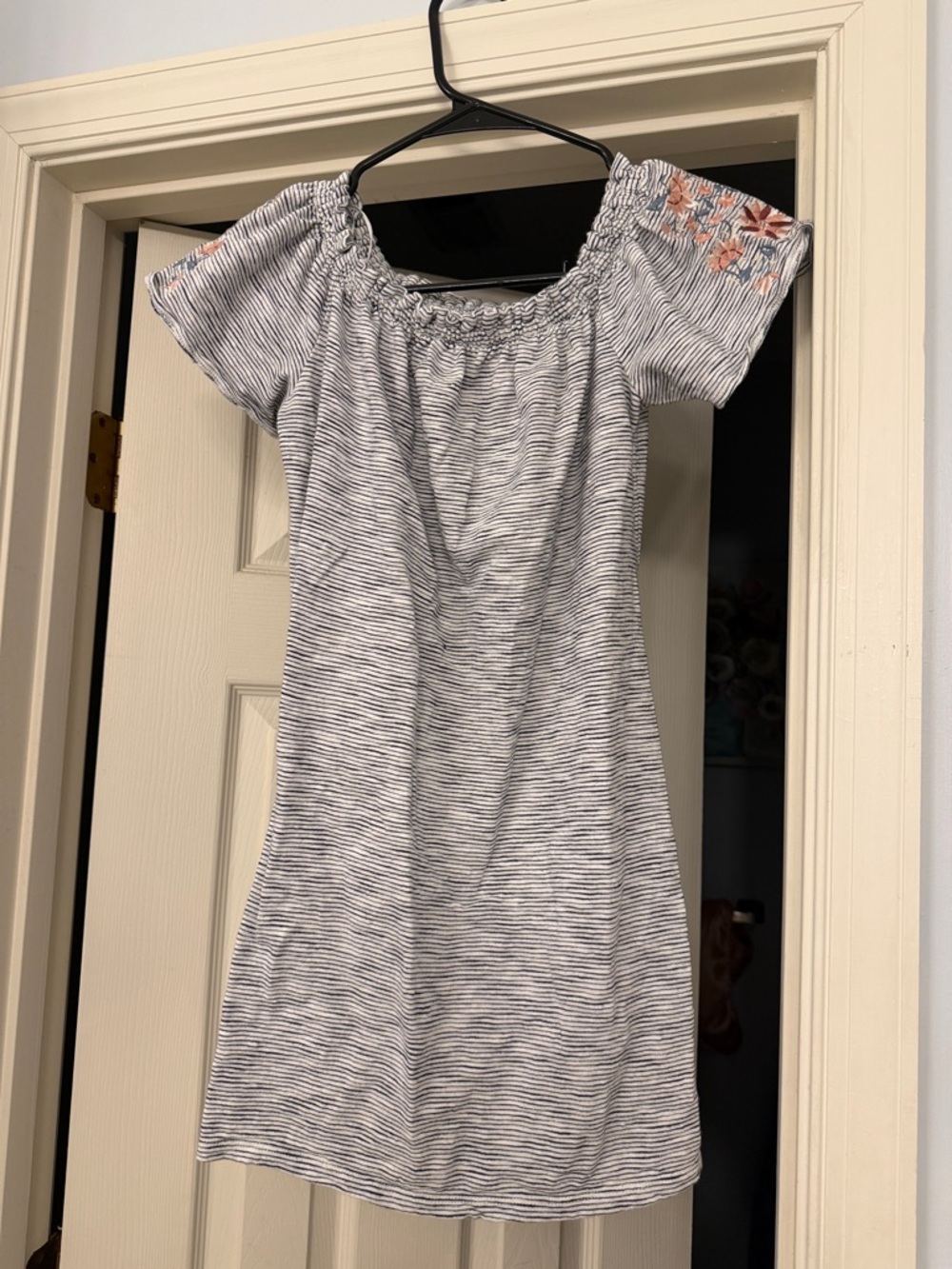 Navy Stripe Off-Shoulder Dress with Floral Accent